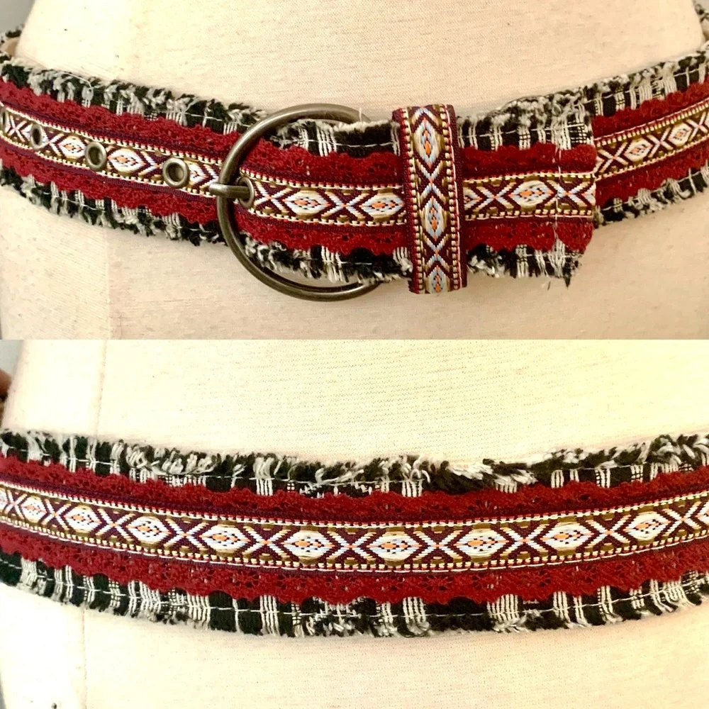 90s Aztec tribal print woven cloth fringe belt Bohemian Boho